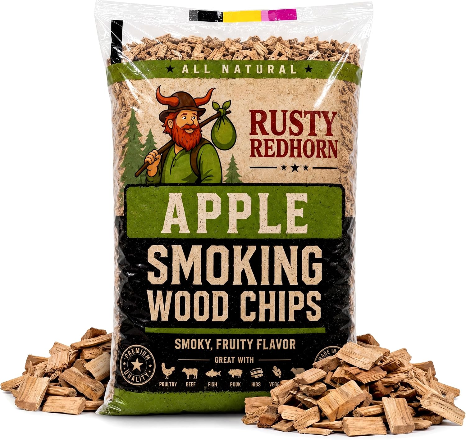 Rusty Redhorn Apple Wood Chips for Smoker 1.8 Lb - All Natural Smoker Chips - Works on Gas, Electric & Charcoal Grill, Smoker Box - Sweet & Fruity Flavor for Grilling, BBQ & Camping