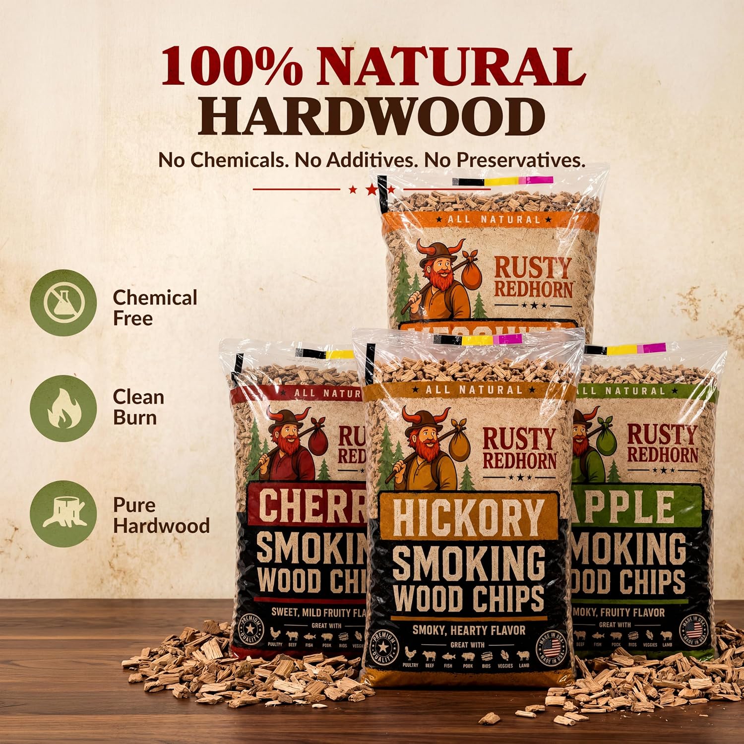 Rusty Redhorn Hickory Wood Chips for Smoker 1.8 Lb - All Natural Smoker Wood Chips - Works with Gas, Electric & Charcoal Grill - Rich, Bold Hickory Flavor for Grilling, BBQ & Camping - Image 2