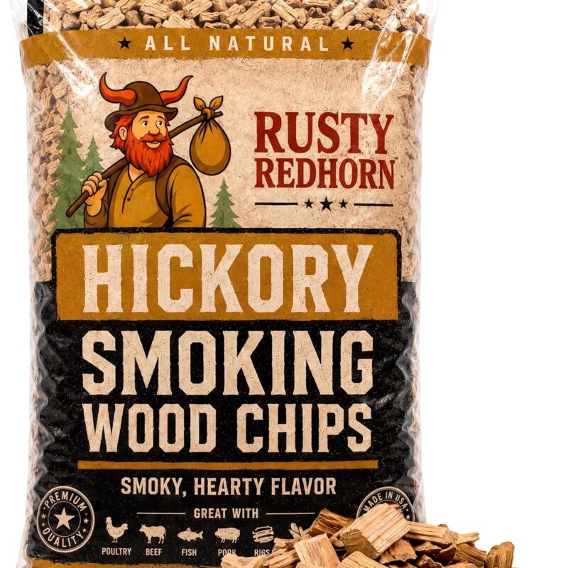 Rusty Redhorn Hickory Wood Chips for Smoker 1.8 Lb - All Natural Smoker Wood Chips - Works with Gas, Electric & Charcoal Grill - Rich, Bold Hickory Flavor for Grilling, BBQ & Camping