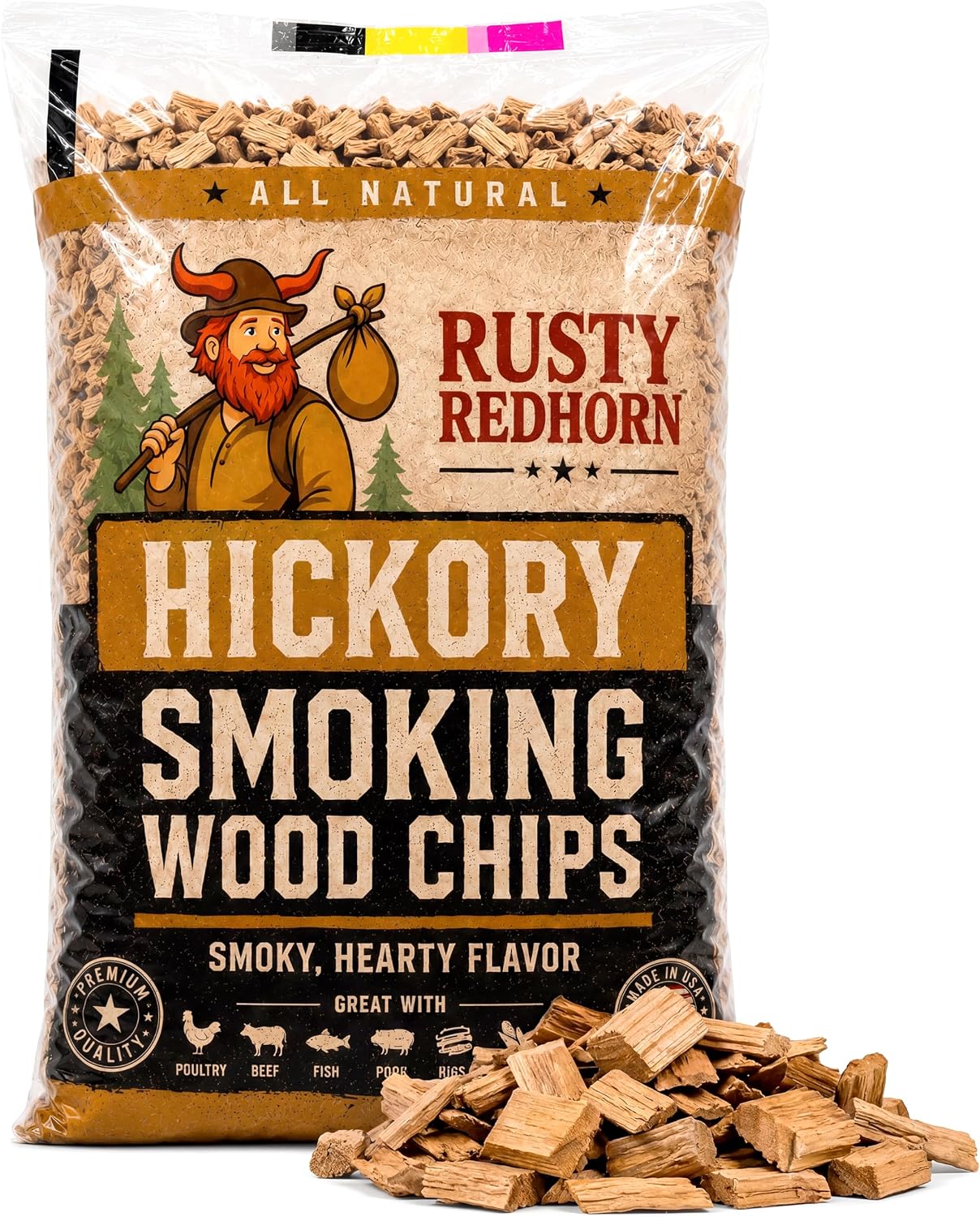 Rusty Redhorn Hickory Wood Chips for Smoker 1.8 Lb - All Natural Smoker Wood Chips - Works with Gas, Electric & Charcoal Grill - Rich, Bold Hickory Flavor for Grilling, BBQ & Camping