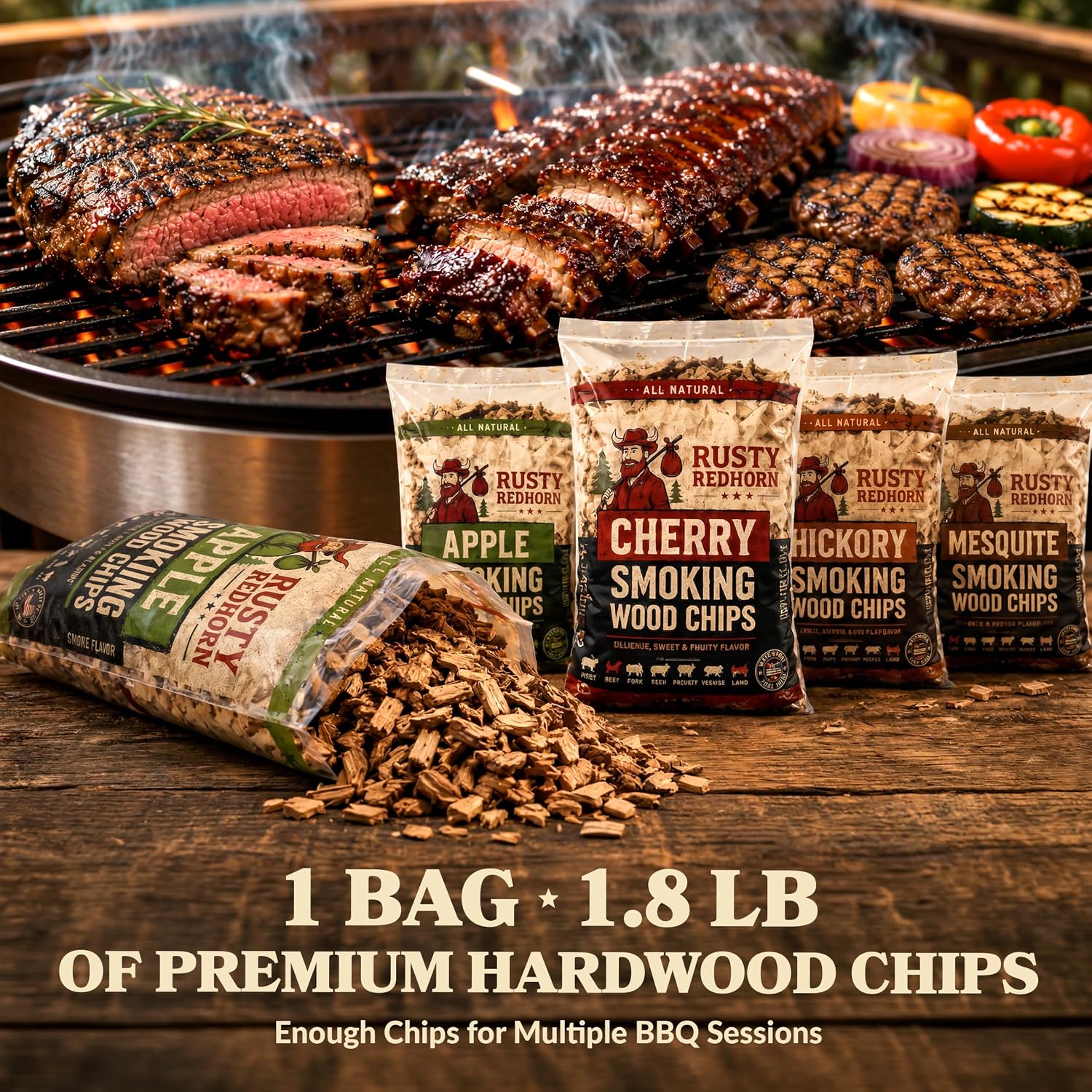 Rusty Redhorn Apple Wood Chips for Smoker 1.8 Lb - All Natural Smoker Chips - Works on Gas, Electric & Charcoal Grill, Smoker Box - Sweet & Fruity Flavor for Grilling, BBQ & Camping - Image 7