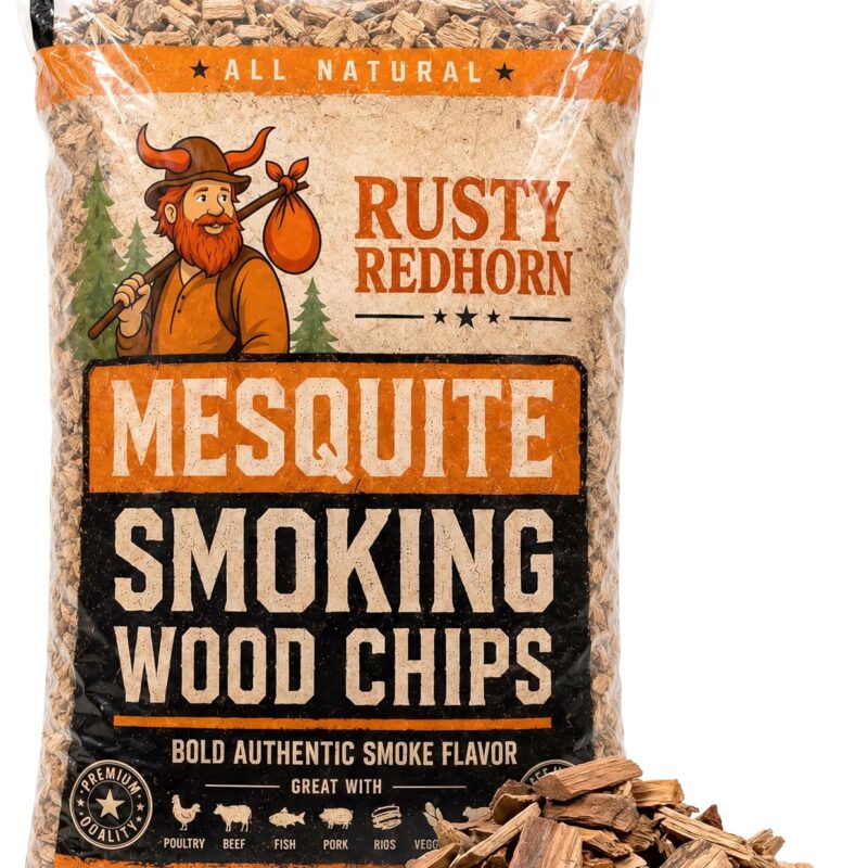 Rusty Redhorn Mesquite Wood Chips for Smoker 1.8 Lb - All Natural Smoker Wood Chips for BBQ - Works on Gas, Electric & Charcoal Grill - Bold, Earthy Flavor for Grilling, BBQ & Camping