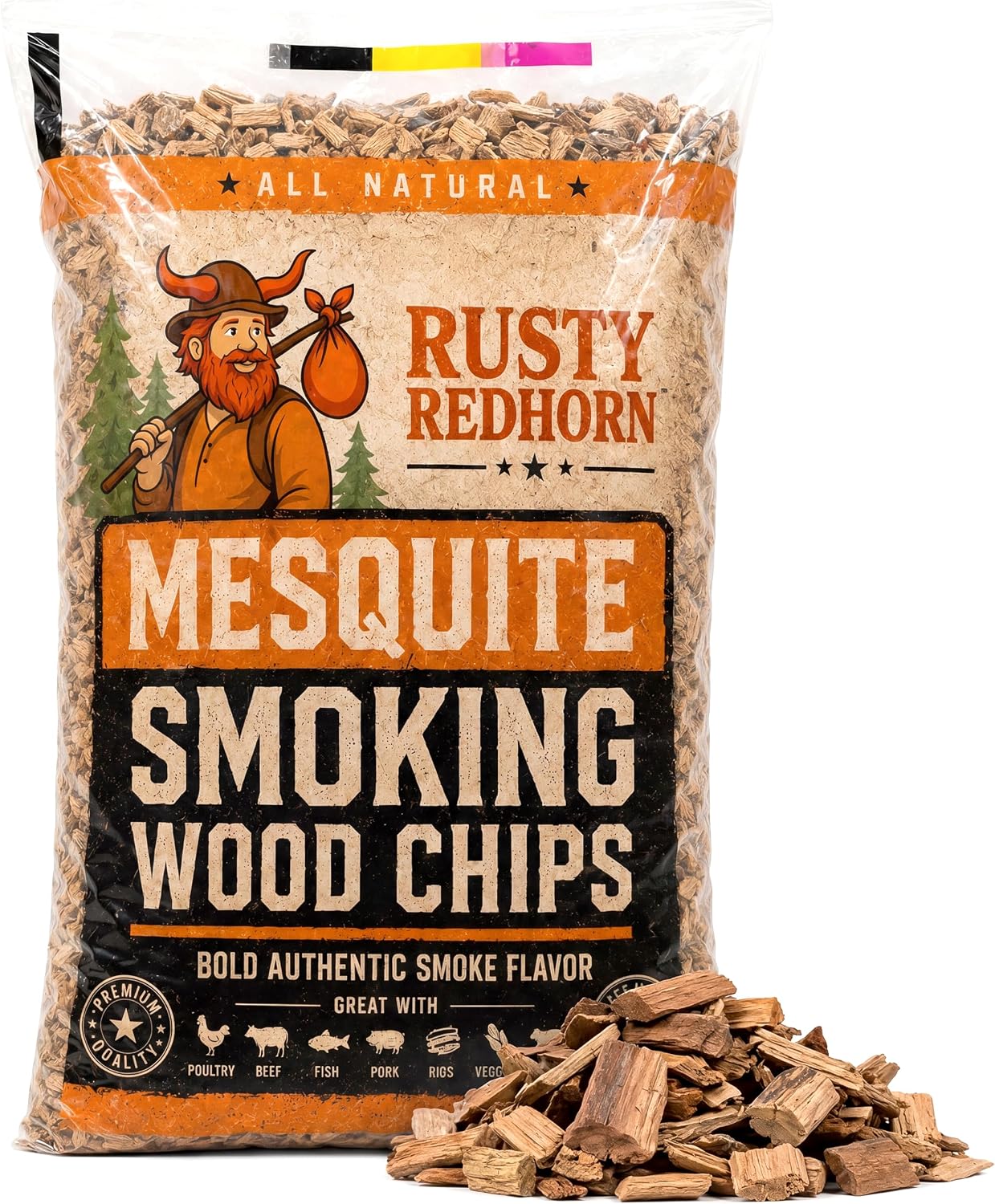 Rusty Redhorn Mesquite Wood Chips for Smoker 1.8 Lb - All Natural Smoker Wood Chips for BBQ - Works on Gas, Electric & Charcoal Grill - Bold, Earthy Flavor for Grilling, BBQ & Camping
