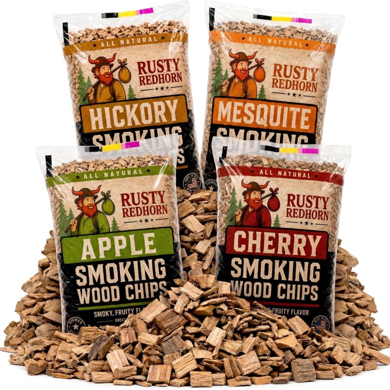Rusty Redhorn Wood Chips for Smoker Variety Pack - Apple, Mesquite, Hickory & Cherry Smoker Chips - 100% All Natural - Gas, Electric & Charcoal Grill - Grilling & Camping (4 x 1.8 Lb)