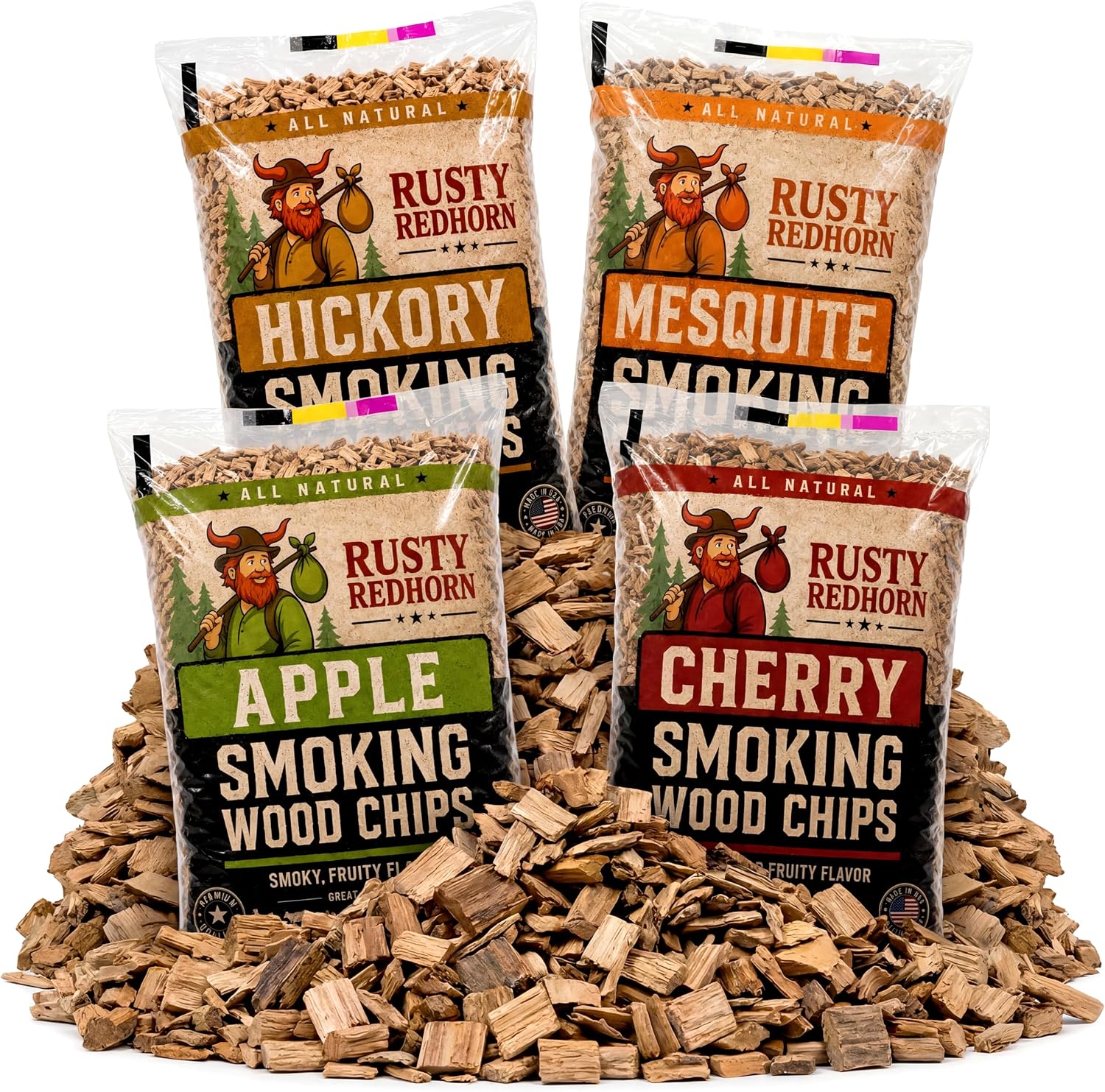 Rusty Redhorn Wood Chips for Smoker Variety Pack - Apple, Mesquite, Hickory & Cherry Smoker Chips - 100% All Natural - Gas, Electric & Charcoal Grill - Grilling & Camping (4 x 1.8 Lb)