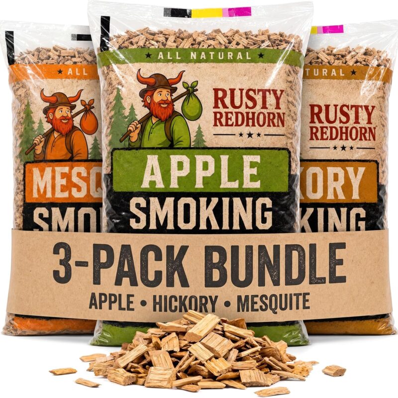 Rusty Redhorn Wood Chips for Smoker Variety Pack - Apple, Mesquite & Hickory Smoker Chips - 100% All Natural - Gas, Electric & Charcoal Grill - Grilling, BBQ & Camping (3 x 1.8 Lb)