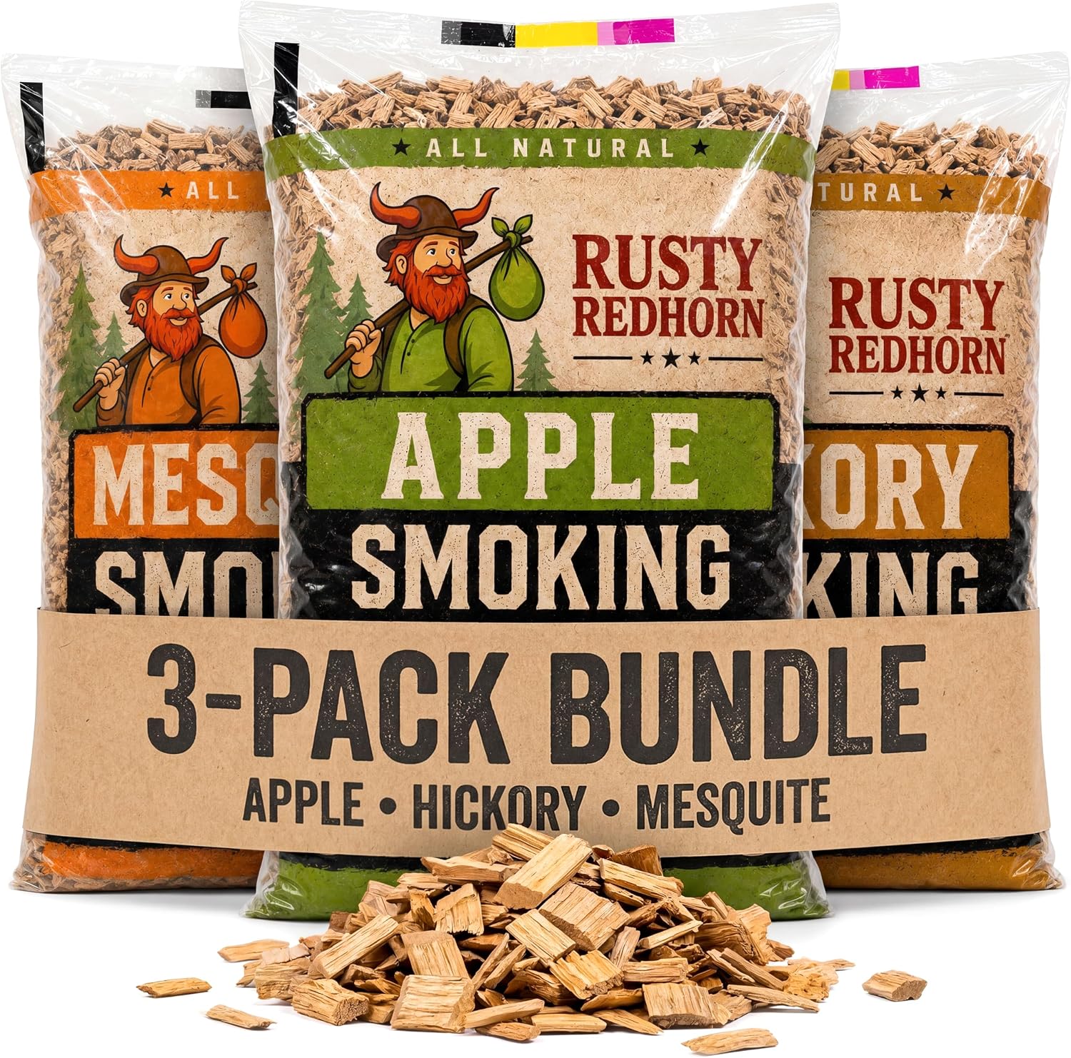 Rusty Redhorn Wood Chips for Smoker Variety Pack - Apple, Mesquite & Hickory Smoker Chips - 100% All Natural - Gas, Electric & Charcoal Grill - Grilling, BBQ & Camping (3 x 1.8 Lb)