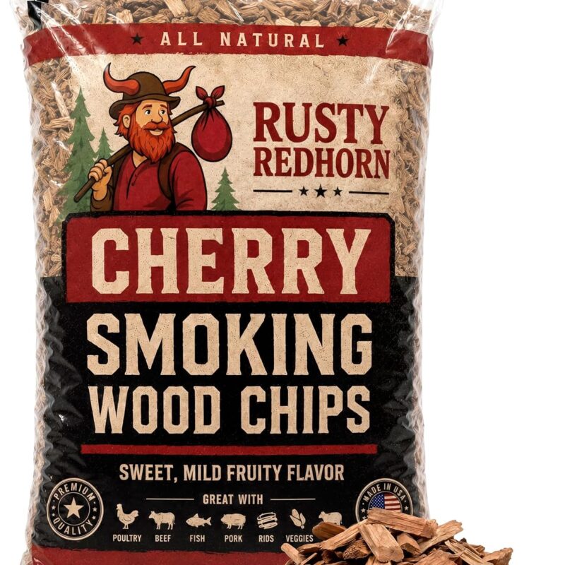 Rusty Redhorn Cherry Wood Chips for Smoker 1.8 Lb - All Natural Smoker Chips - Works on Gas, Electric & Charcoal Grill - Sweet, Fruity Cherry Wood Flavor for Grilling, BBQ & Camping