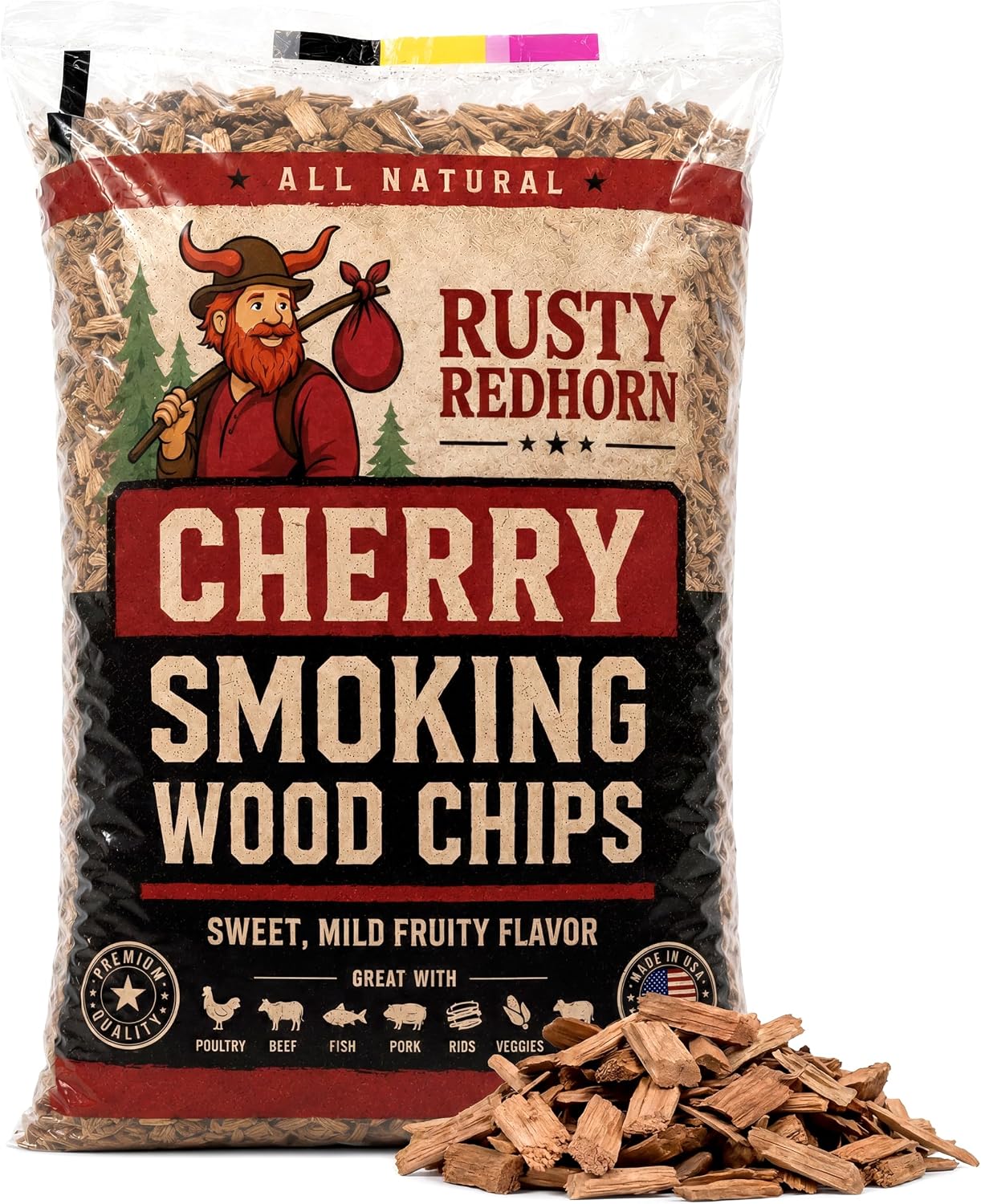Rusty Redhorn Cherry Wood Chips for Smoker 1.8 Lb - All Natural Smoker Chips - Works on Gas, Electric & Charcoal Grill - Sweet, Fruity Cherry Wood Flavor for Grilling, BBQ & Camping