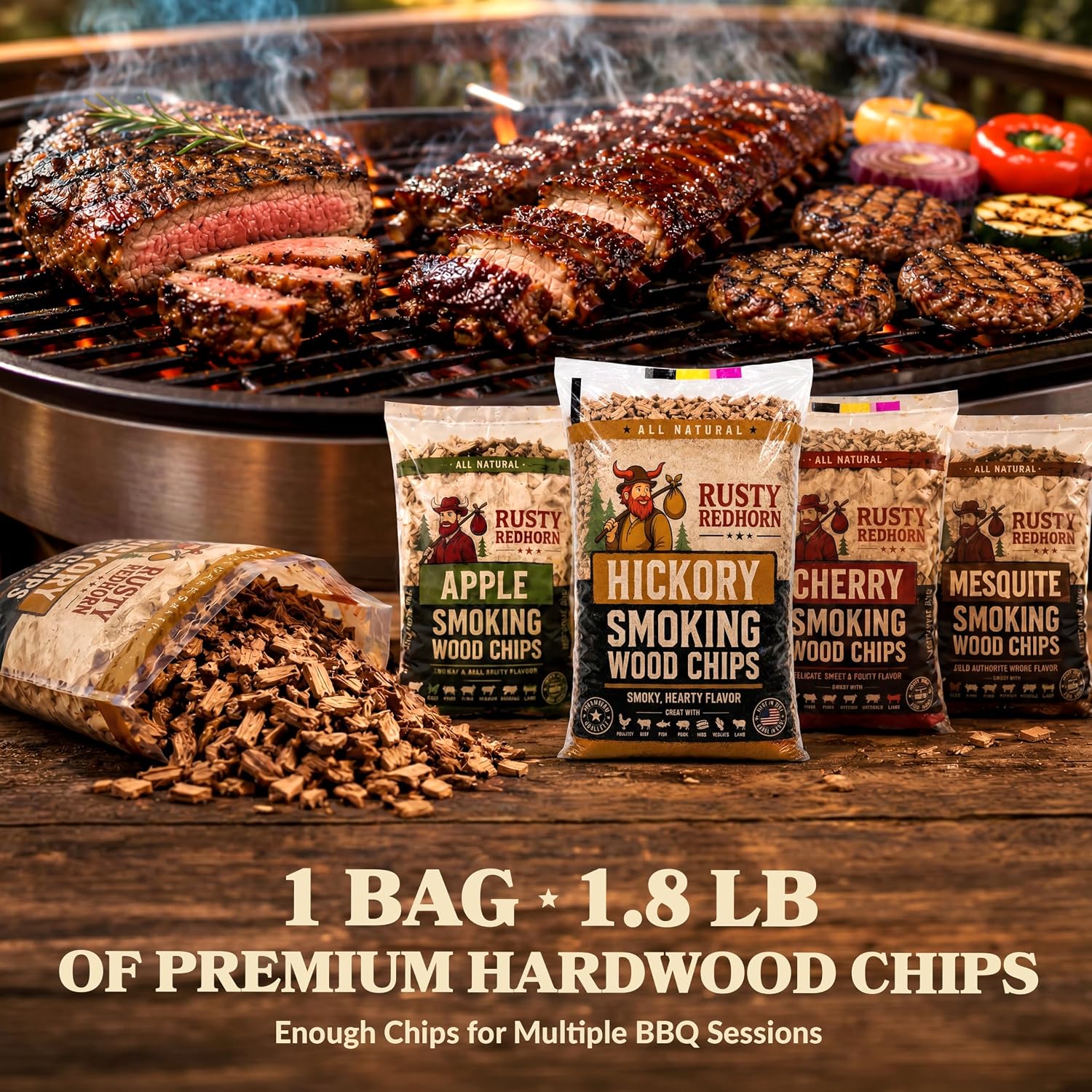 Rusty Redhorn Hickory Wood Chips for Smoker 1.8 Lb - All Natural Smoker Wood Chips - Works with Gas, Electric & Charcoal Grill - Rich, Bold Hickory Flavor for Grilling, BBQ & Camping - Image 9